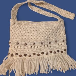 70s Vintage Macrame Purse Handbag ‎ cream fringe beads boho crochet
